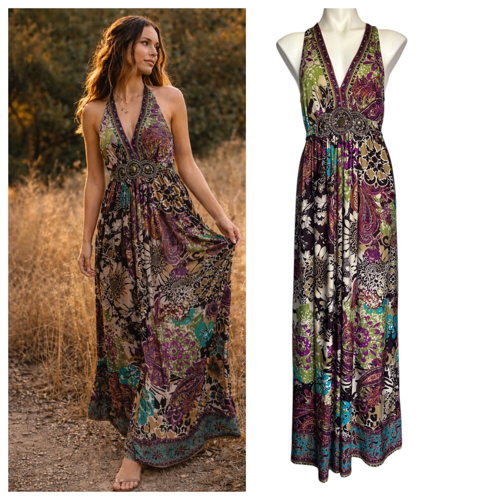 y2k Boho Festival Whimsigoth Maxi Halter Dress Beaded Tie Belt XL